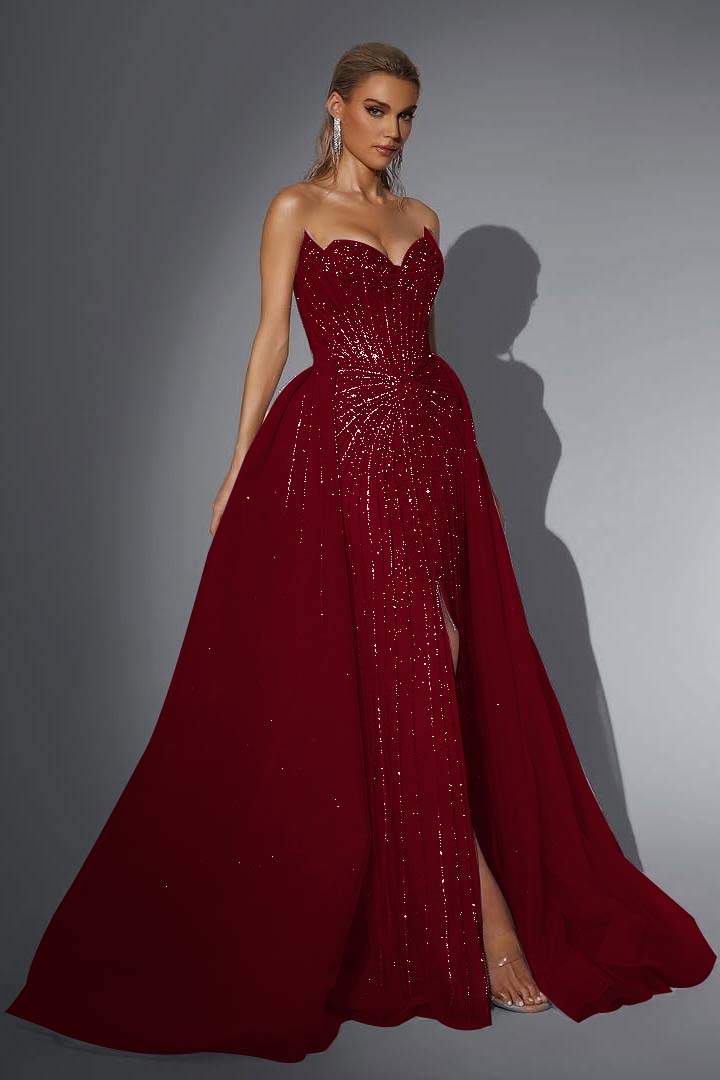 Pink Detachable Train Prom Dress Sleeveless Sweetheart Formal Dress With Beadings and Rhinestones