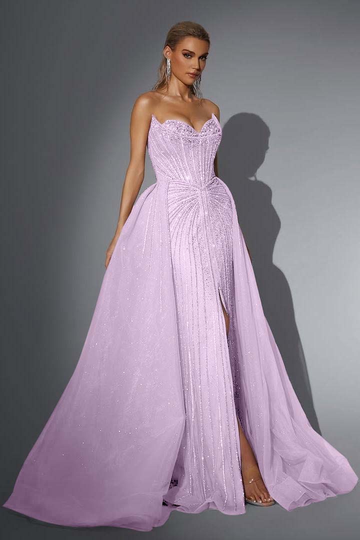 Pink Detachable Train Prom Dress Sleeveless Sweetheart Formal Dress With Beadings and Rhinestones