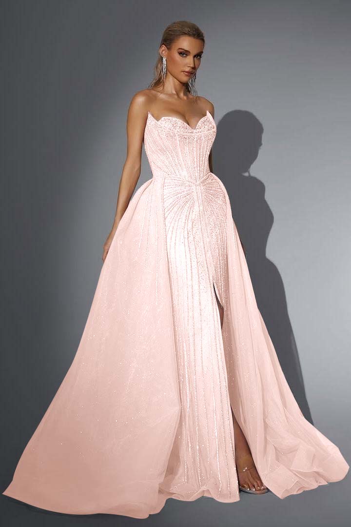 Pink Detachable Train Prom Dress Sleeveless Sweetheart Formal Dress With Beadings and Rhinestones
