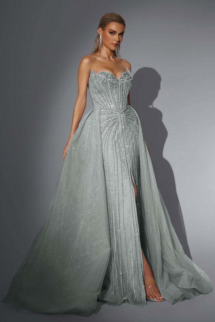 Pink Detachable Train Prom Dress Sleeveless Sweetheart Formal Dress With Beadings and Rhinestones