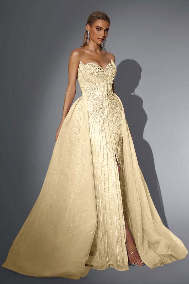 Pink Detachable Train Prom Dress Sleeveless Sweetheart Formal Dress With Beadings and Rhinestones