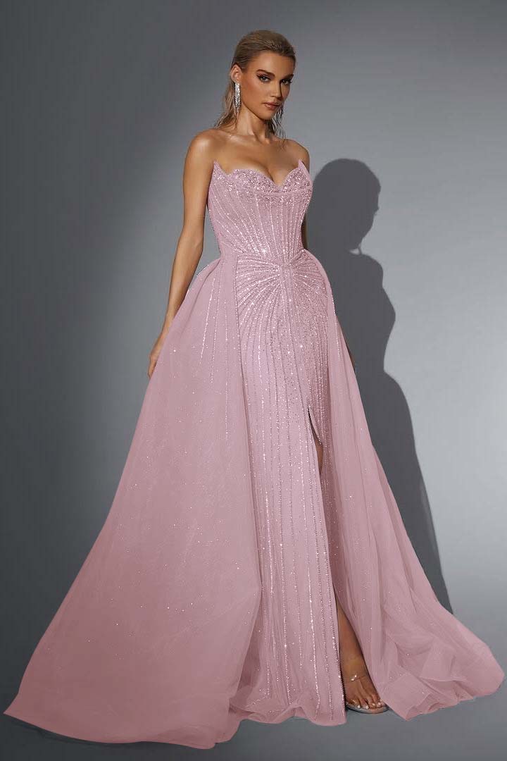Pink Detachable Train Prom Dress Sleeveless Sweetheart Formal Dress With Beadings and Rhinestones