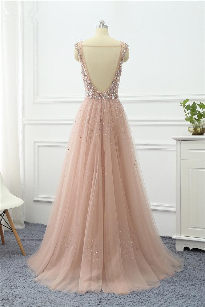 Pink Detachable Train Prom Dress Sleeveless V Neck Formal Dress With Beadings and Rhinestones