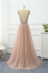 Pink Detachable Train Prom Dress Sleeveless V Neck Formal Dress With Beadings and Rhinestones