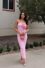 Pink Draped Strapless Maxi Dress With Rose Embellishment Formal Evening Gown