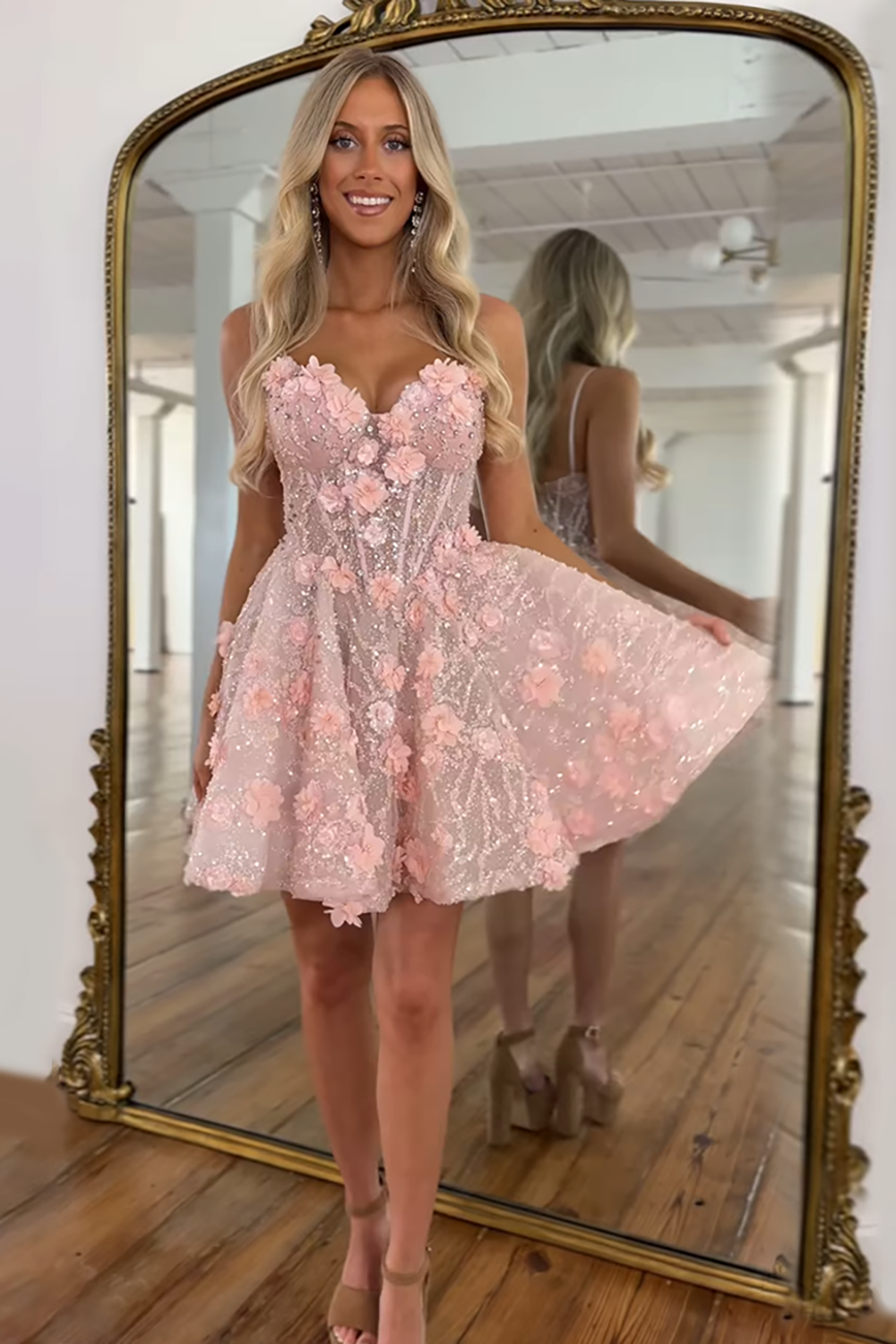 Pink Floral A Line Homecoming Dresses Short Corset Cocktail Dresses With Rhinestones