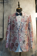 Pink Floral Jacquard Shawl Lapel 2-Piece Prom Homecoming Suit Blazer Pants