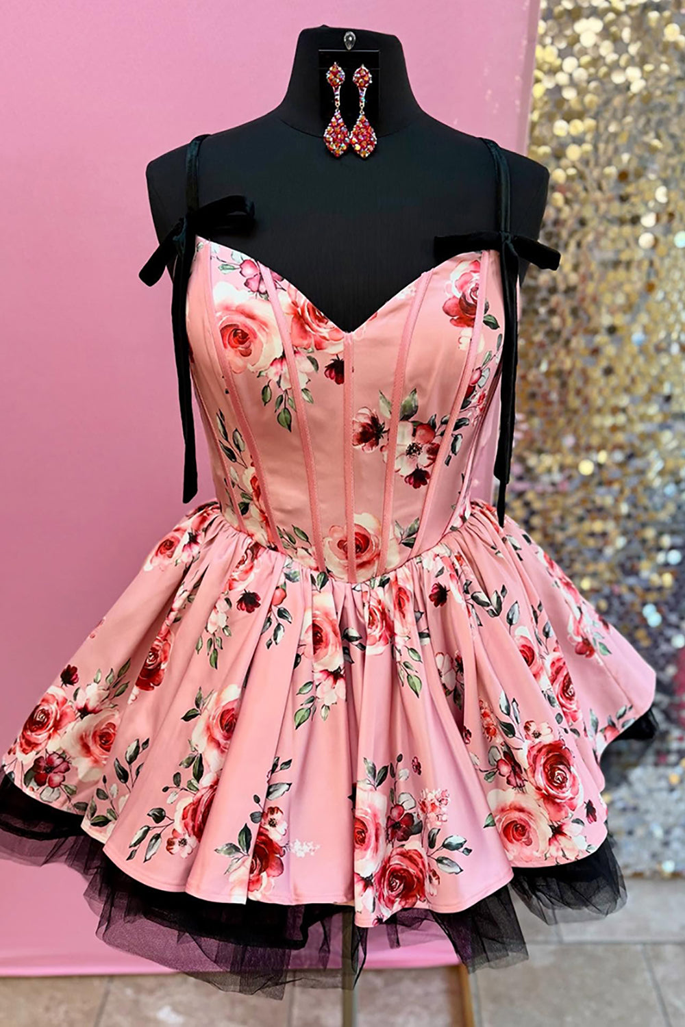 Pink Floral Printed A Line Homecoming Dresses Short Corset Cocktail Dresses With Bow