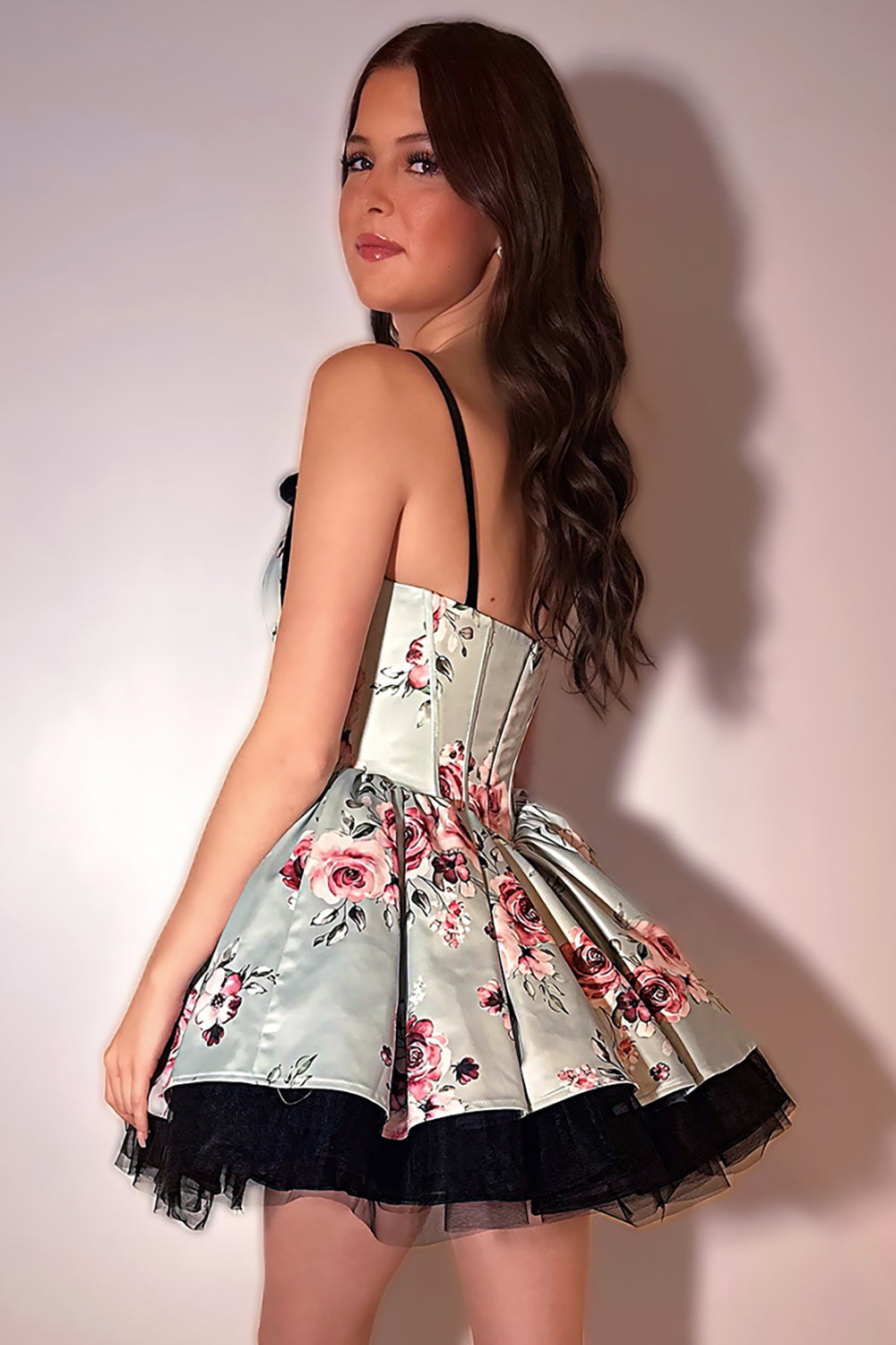 Pink Floral Printed A Line Homecoming Dresses Short Corset Cocktail Dresses With Bow