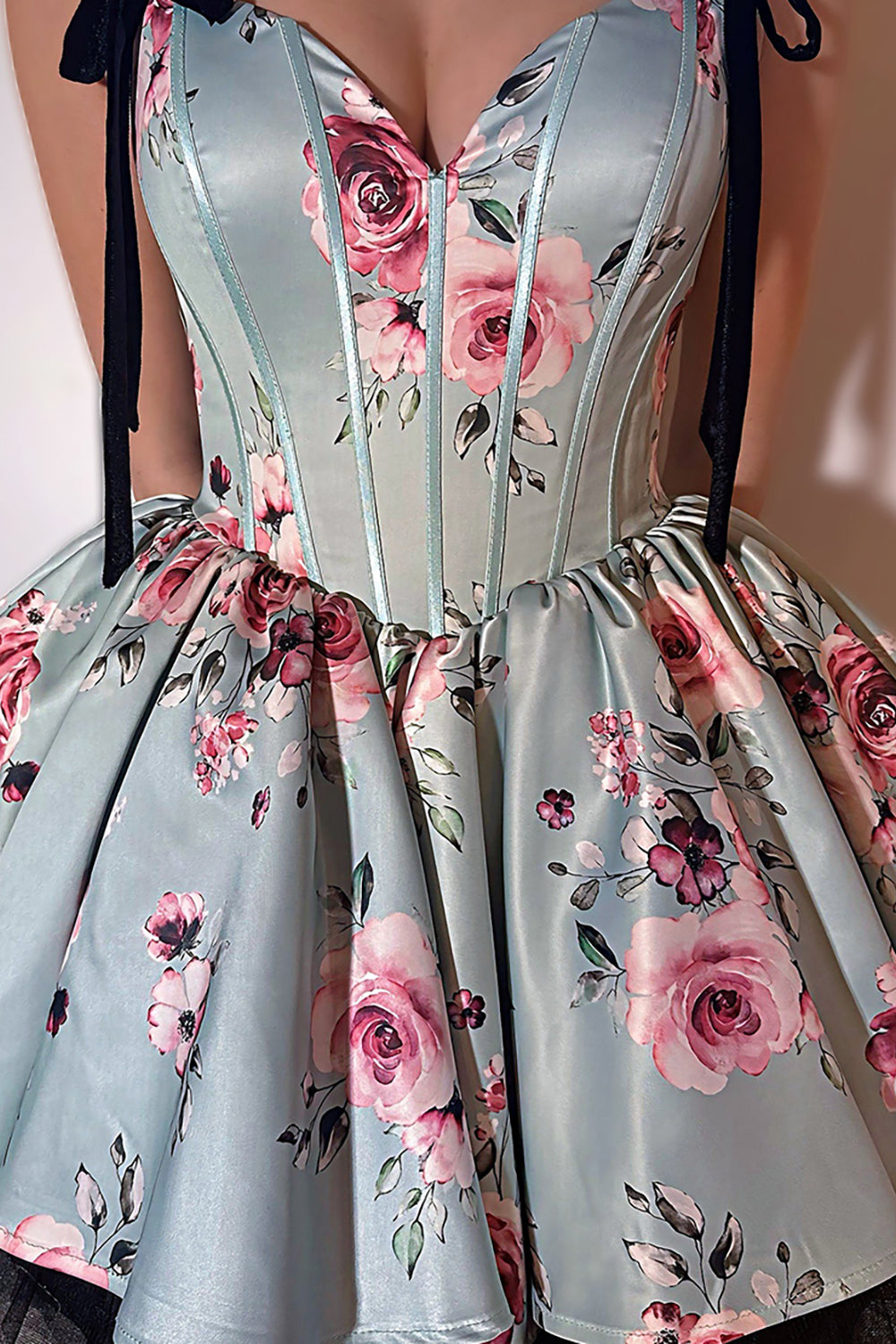 Pink Floral Printed A Line Homecoming Dresses Short Corset Cocktail Dresses With Bow