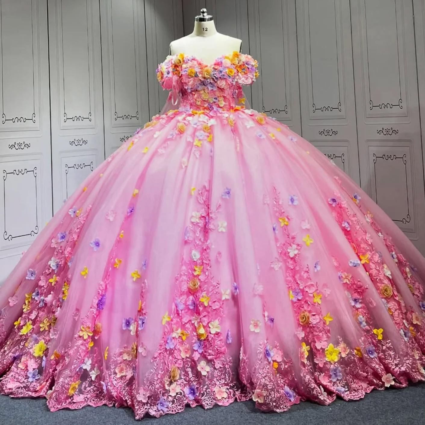 Pink Flower Quinceanera Dress Ball Gown Sweet 16 Dress