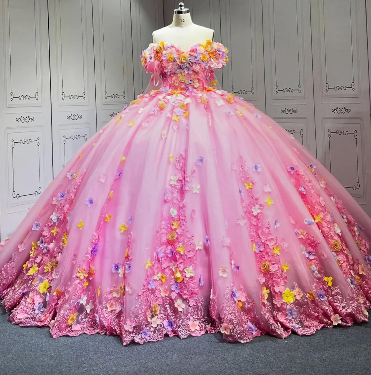 Pink Flower Quinceanera Dress Ball Gown Sweet 16 Dress
