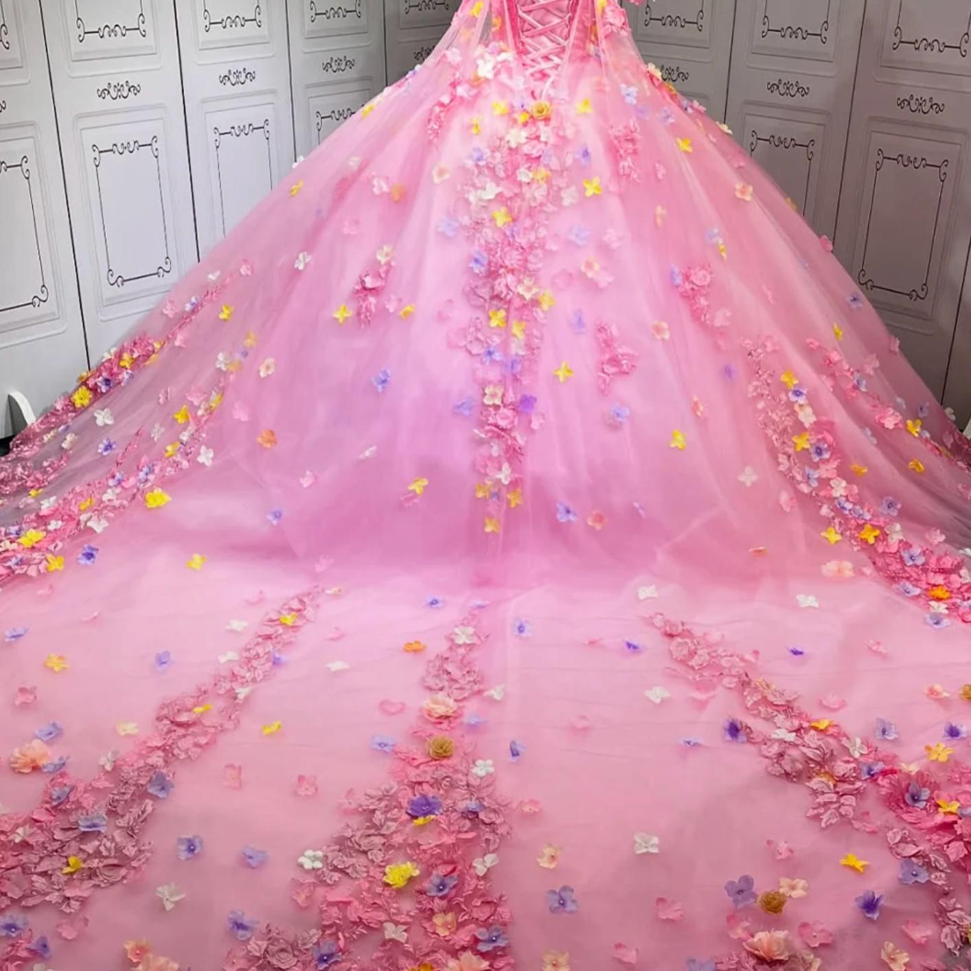 Pink Flower Quinceanera Dress Ball Gown Sweet 16 Dress