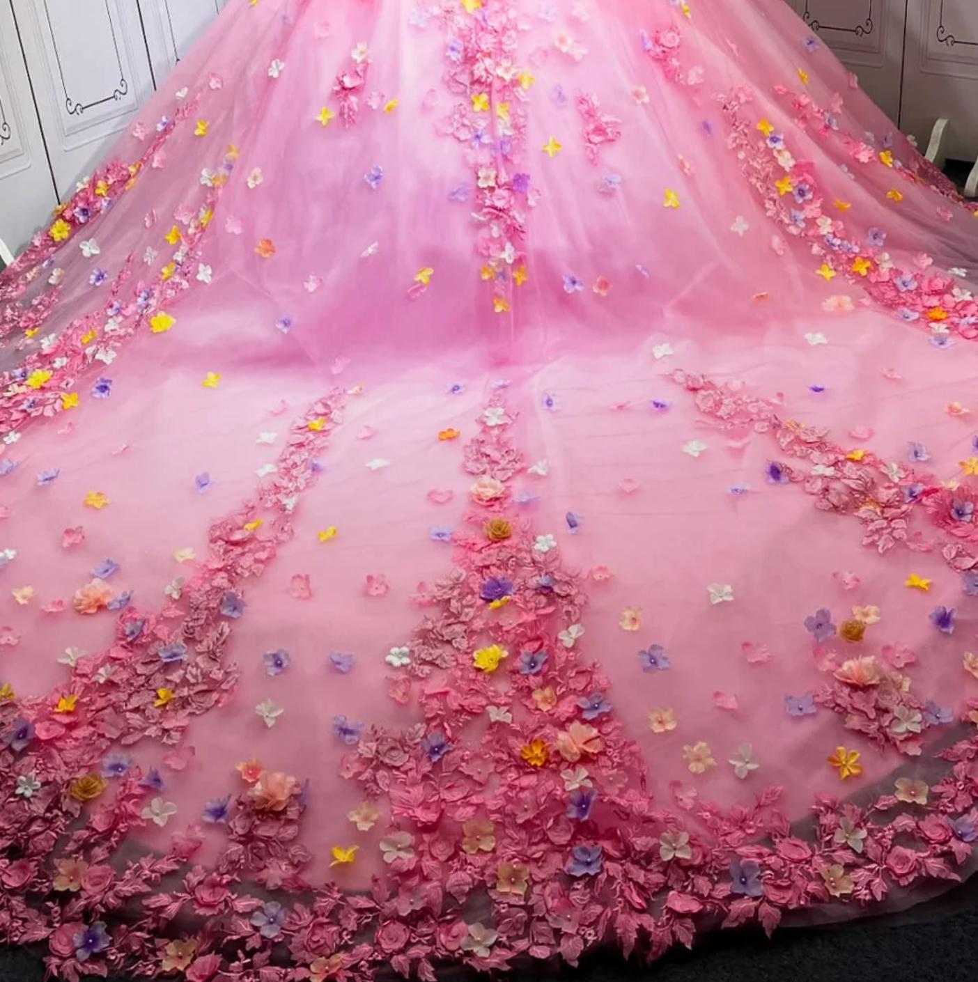 Pink Flower Quinceanera Dress Ball Gown Sweet 16 Dress