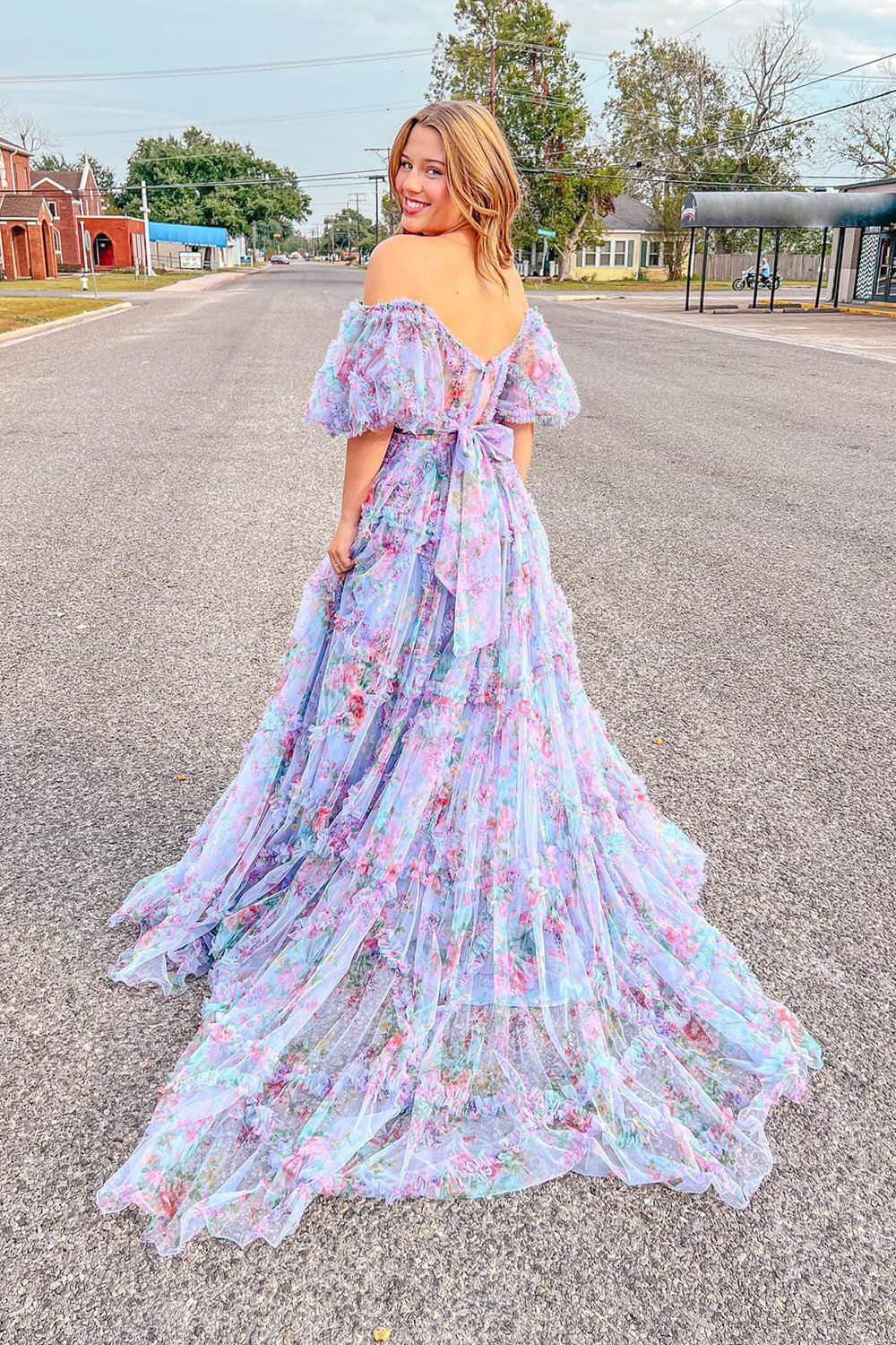 Pink Green Flower Off The Shoulder Prom Dress
