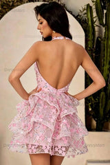 Pink Halter Deep V Corset Homecoming Dress with 3D Flowers & Tiered Tulle Skirt