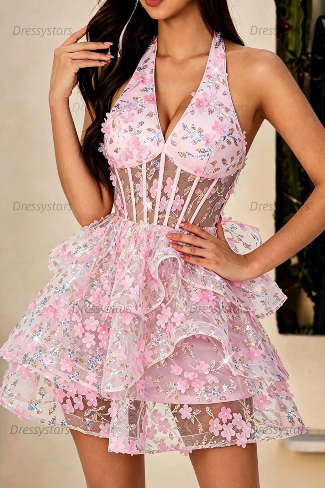 Pink Halter Deep V Corset Homecoming Dress with 3D Flowers & Tiered Tulle Skirt