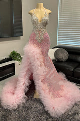 Pink Halter Prom Dress Tulle Ruffles High Split Formal Party Dress