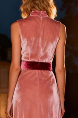 Dressystars Pink High Neck A-Line Long Velvet Holiday Party Dress With Belt