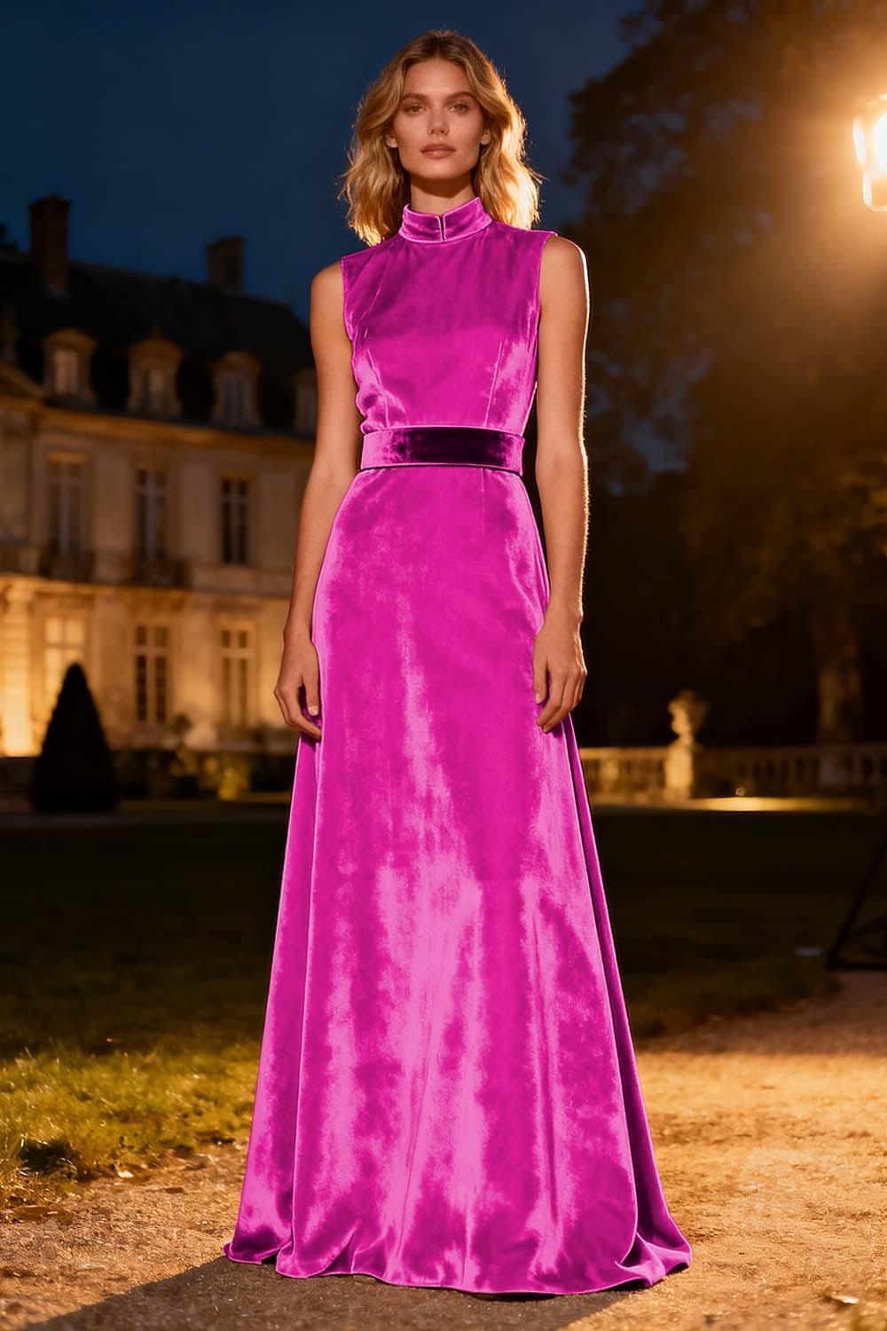 Dressystars Pink High Neck A-Line Long Velvet Holiday Party Dress With Belt