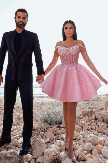 Pink Homecoming Dress Off the Shoulder Ball Gown Beaded Short Cocktail Dress