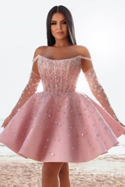 Pink Homecoming Dress Off the Shoulder Ball Gown Beaded Short Cocktail Dress