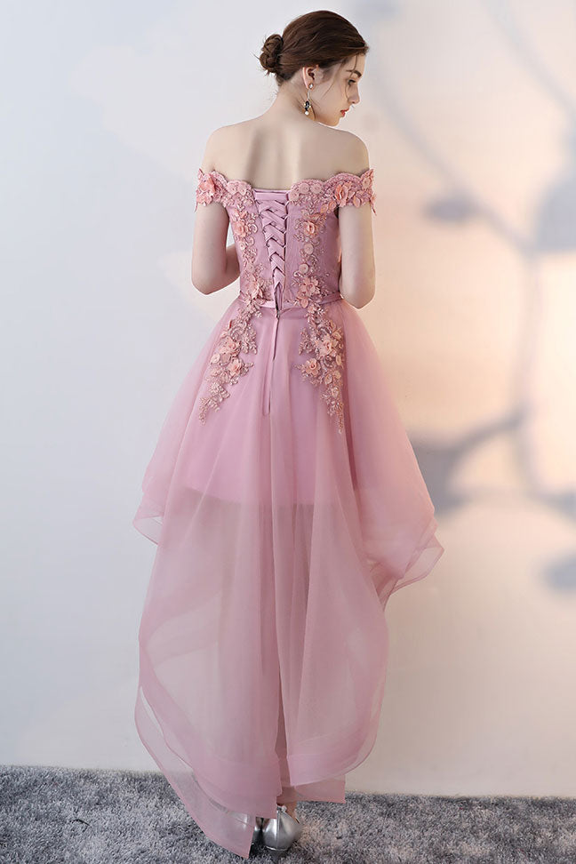 Pink Homecoming Dress Tulle Lace Off Shoulder High Low Party Cocktail Dress
