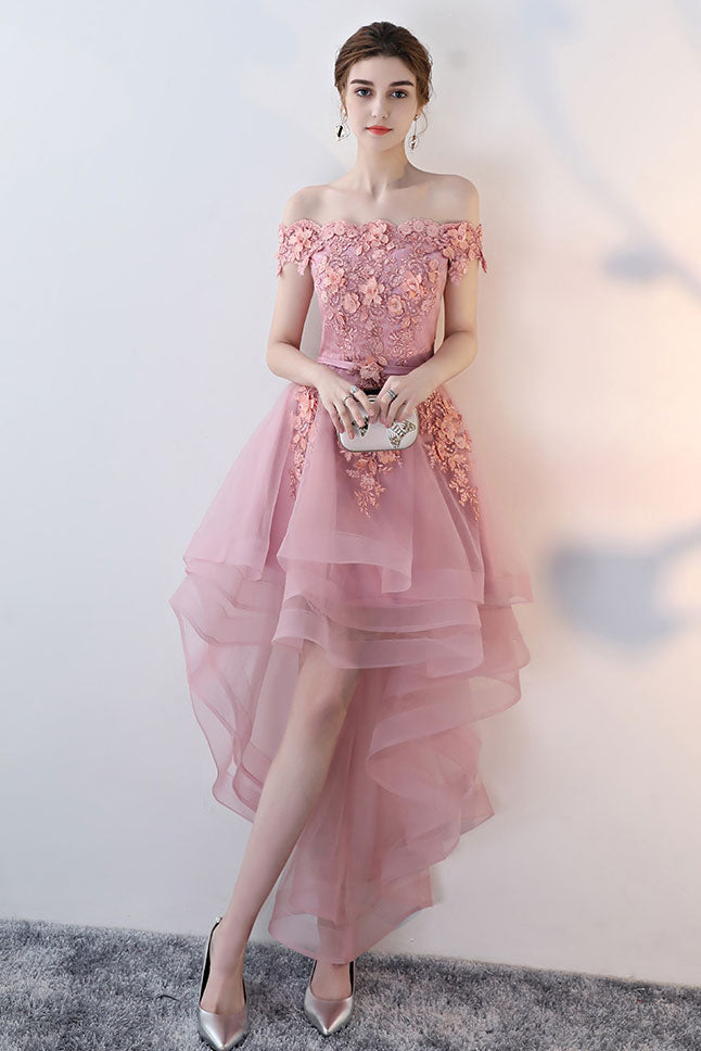 Pink Homecoming Dress Tulle Lace Off Shoulder High Low Party Cocktail Dress