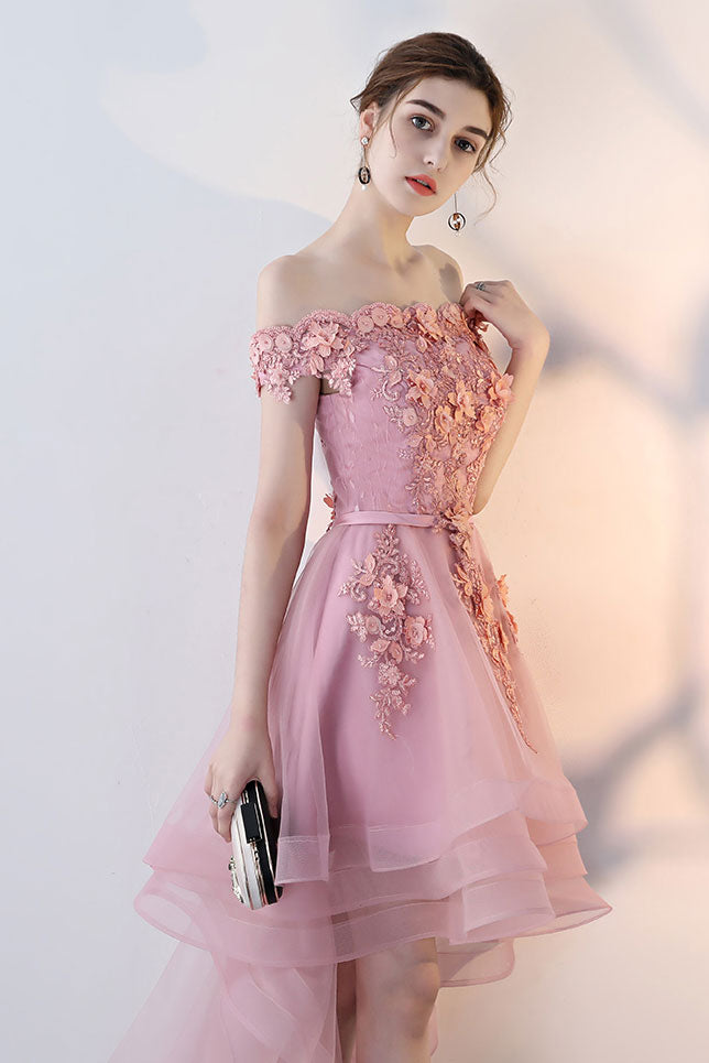 Pink Homecoming Dress Tulle Lace Off Shoulder High Low Party Cocktail Dress