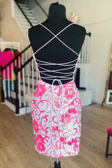 Pink Homecoming Dress V Neck Sequin Bodycon Mini Short Party Cocktail Dress
