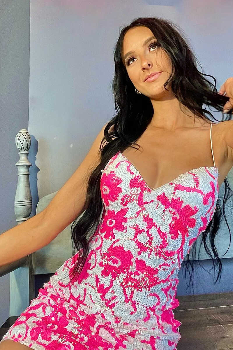 Pink Homecoming Dress V Neck Sequin Bodycon Mini Short Party Cocktail Dress