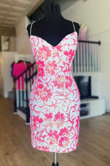Pink Homecoming Dress V Neck Sequin Bodycon Mini Short Party Cocktail Dress