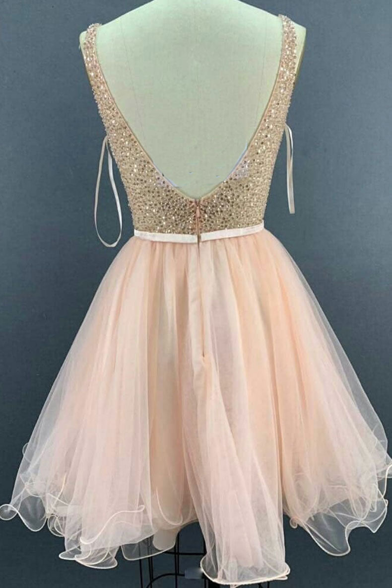 Pink Homecoming Dress V Neck Tulle Sequin Short Party Cocktail Dress