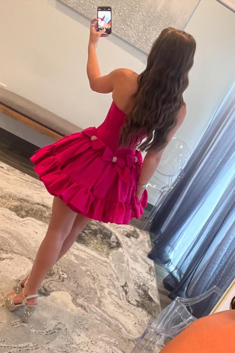 Pink Homecoming Dresses A Line Corset Strapless Short Cocktail Dresses With Bows