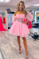 Pink Homecoming Dresses Corset Detachable Sleeves A-Line Tulle Cocktail Dresses