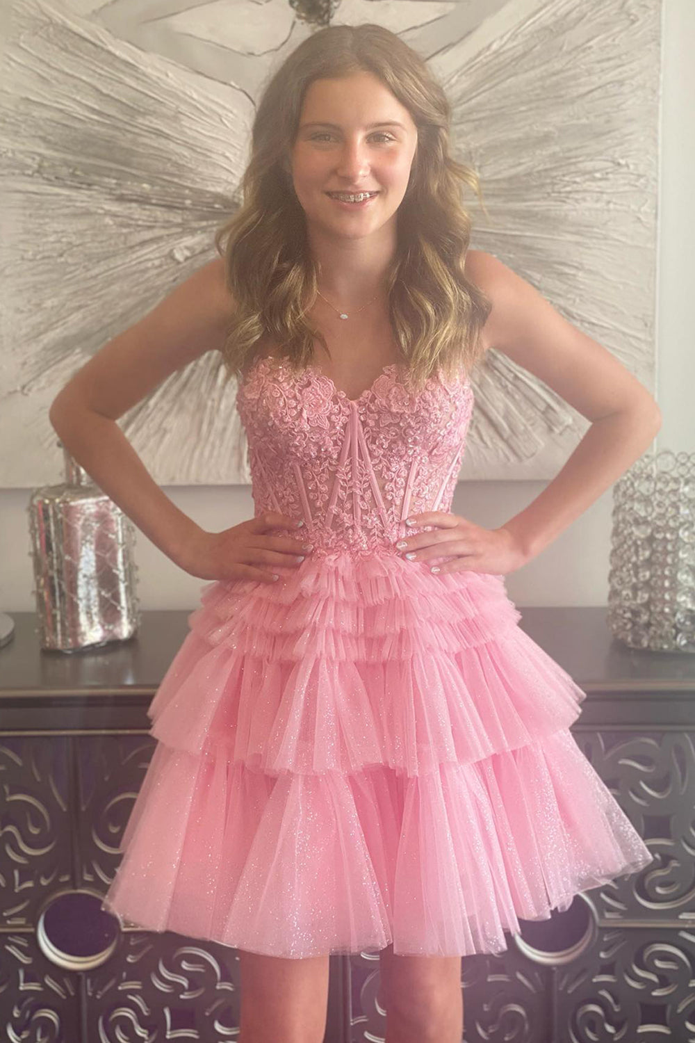 Pink Homecoming Dresses Corset Tiered Short A-Line Tulle Cocktail Dresses with Lace