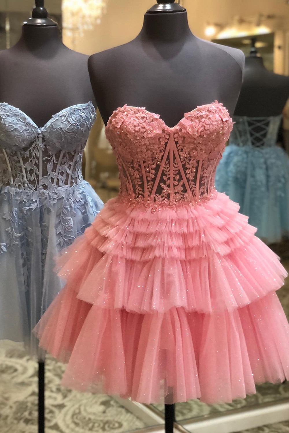Pink Homecoming Dresses Corset Tiered Short A-Line Tulle Cocktail Dresses with Lace