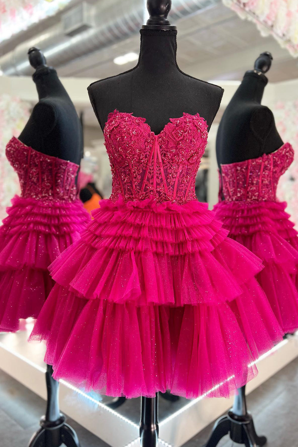 Pink Homecoming Dresses Corset Tiered Short A-Line Tulle Cocktail Dresses with Lace