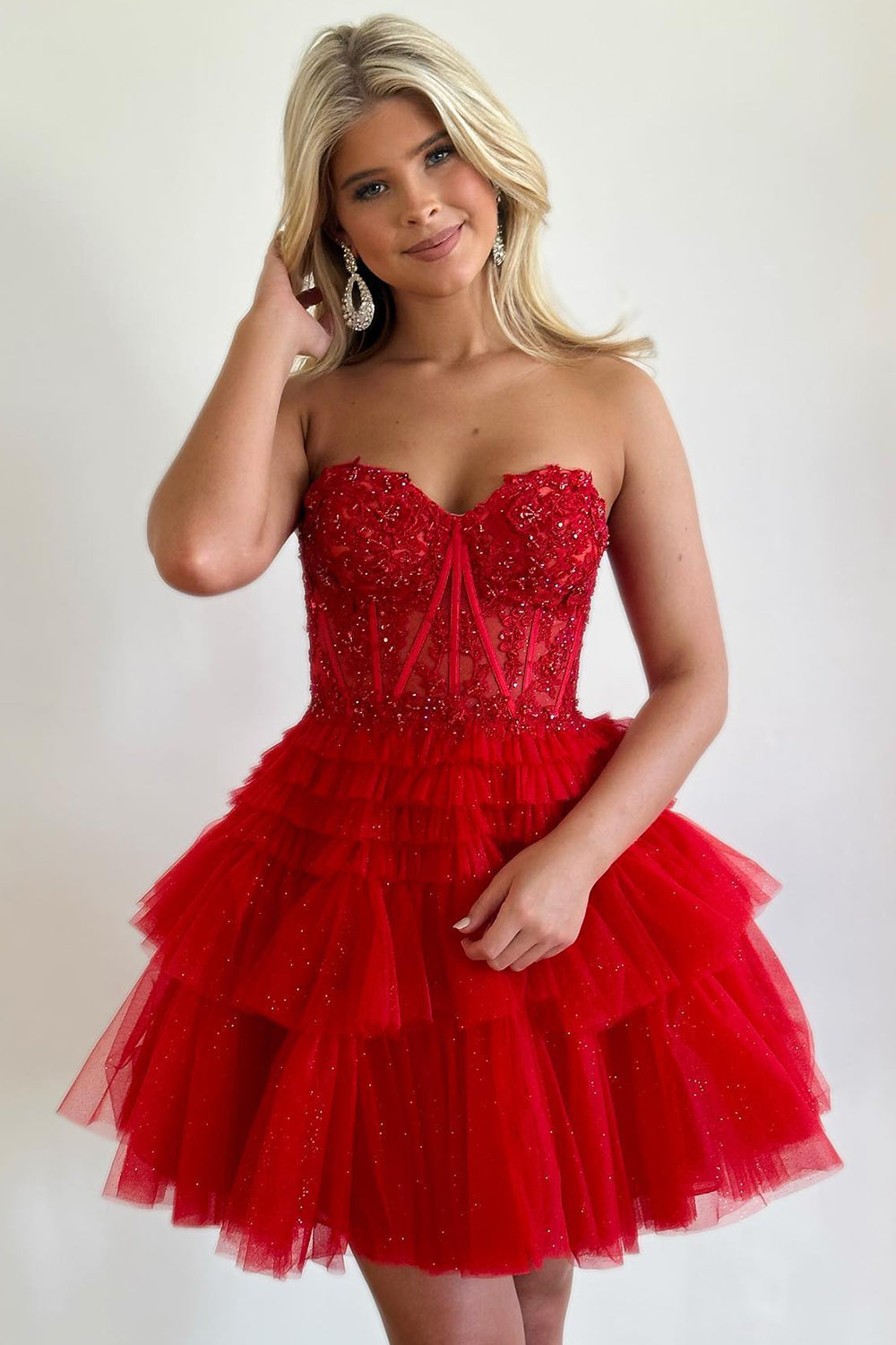 Pink Homecoming Dresses Corset Tiered Short A-Line Tulle Cocktail Dresses with Lace