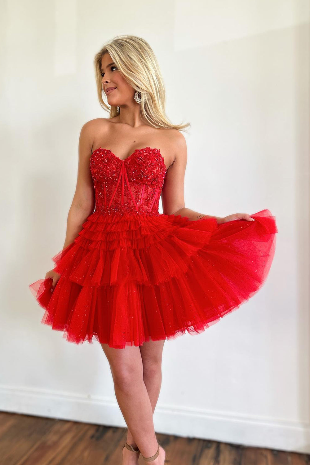 Pink Homecoming Dresses Corset Tiered Short A-Line Tulle Cocktail Dresses with Lace