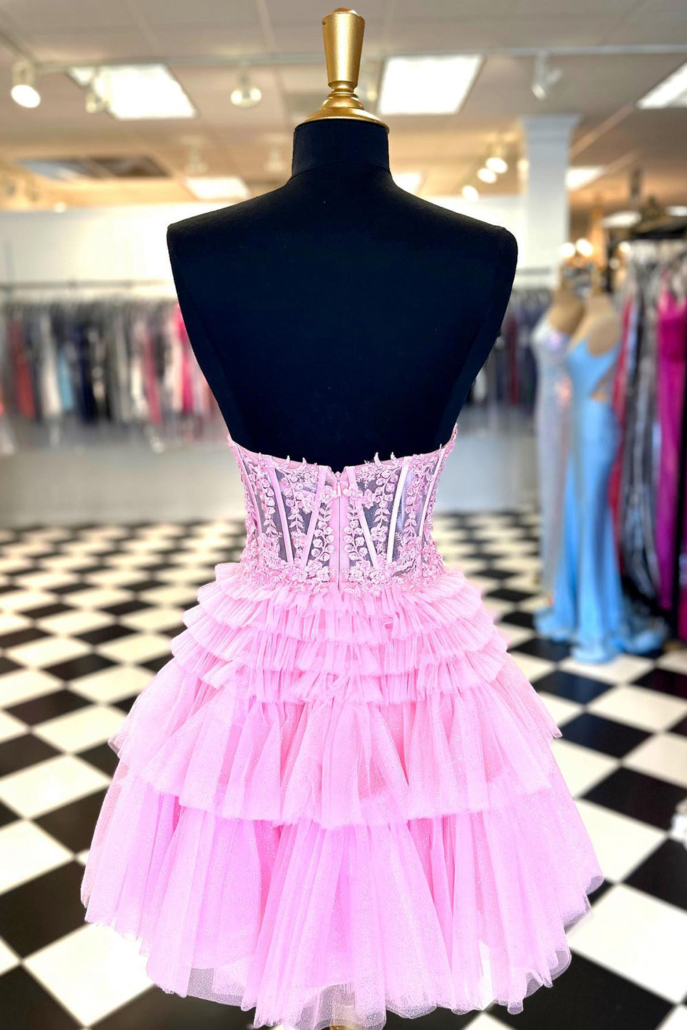Pink Homecoming Dresses Corset Tiered Short A-Line Tulle Cocktail Dresses with Lace