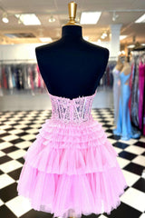 Pink Homecoming Dresses Corset Tiered Short A-Line Tulle Cocktail Dresses with Lace
