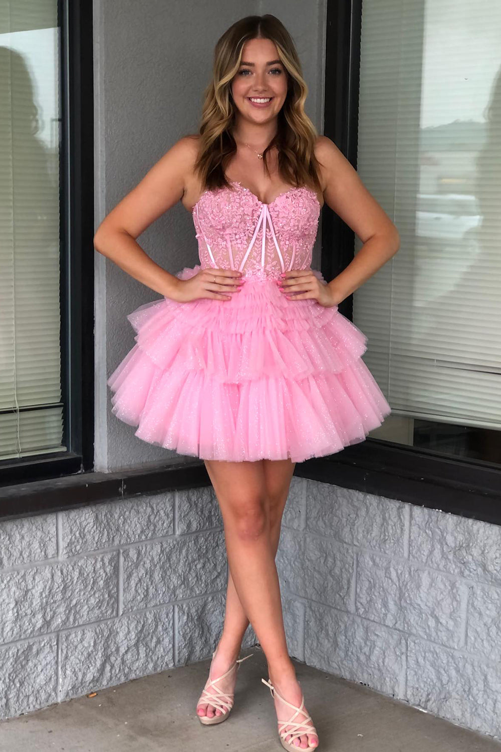 Pink Homecoming Dresses Corset Tiered Short A-Line Tulle Cocktail Dresses with Lace