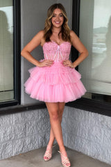 Pink Homecoming Dresses Corset Tiered Short A-Line Tulle Cocktail Dresses with Lace