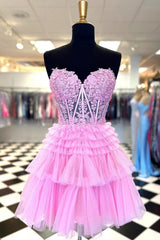 Pink Homecoming Dresses Corset Tiered Short A-Line Tulle Cocktail Dresses with Lace