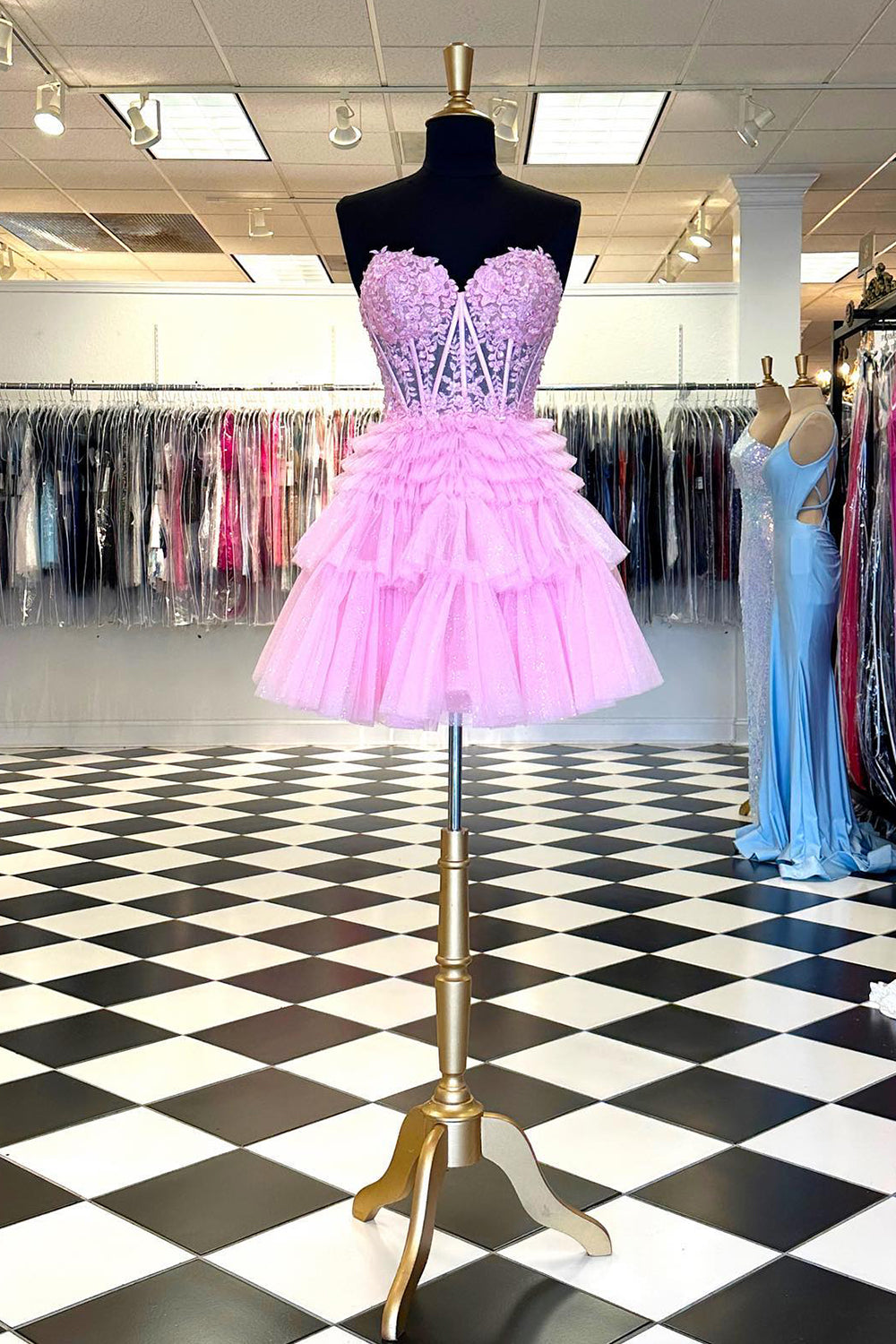 Pink Homecoming Dresses Corset Tiered Short A-Line Tulle Cocktail Dresses with Lace