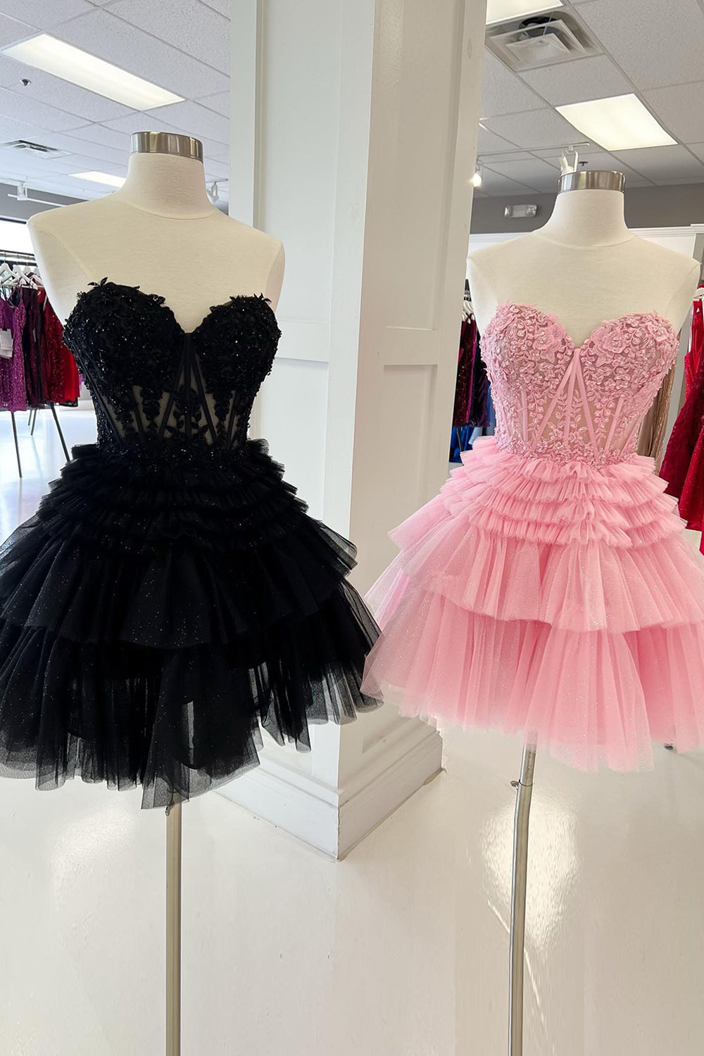 Pink Homecoming Dresses Corset Tiered Short A-Line Tulle Cocktail Dresses with Lace