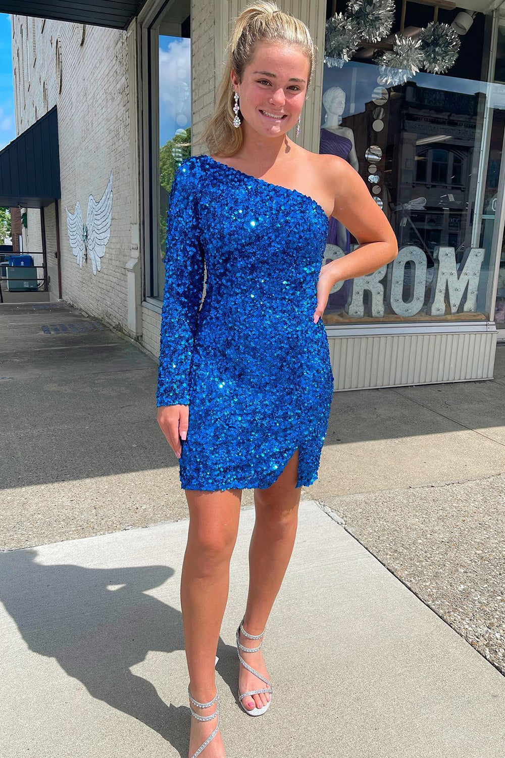 Pink Homecoming Dresses One Shoulder One Sleeve Sequin Tight Short Cocktail Dresses