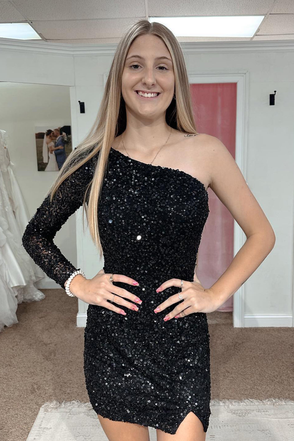 Pink Homecoming Dresses One Shoulder One Sleeve Sequin Tight Short Cocktail Dresses