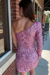 Pink Homecoming Dresses One Shoulder One Sleeve Sequin Tight Short Cocktail Dresses
